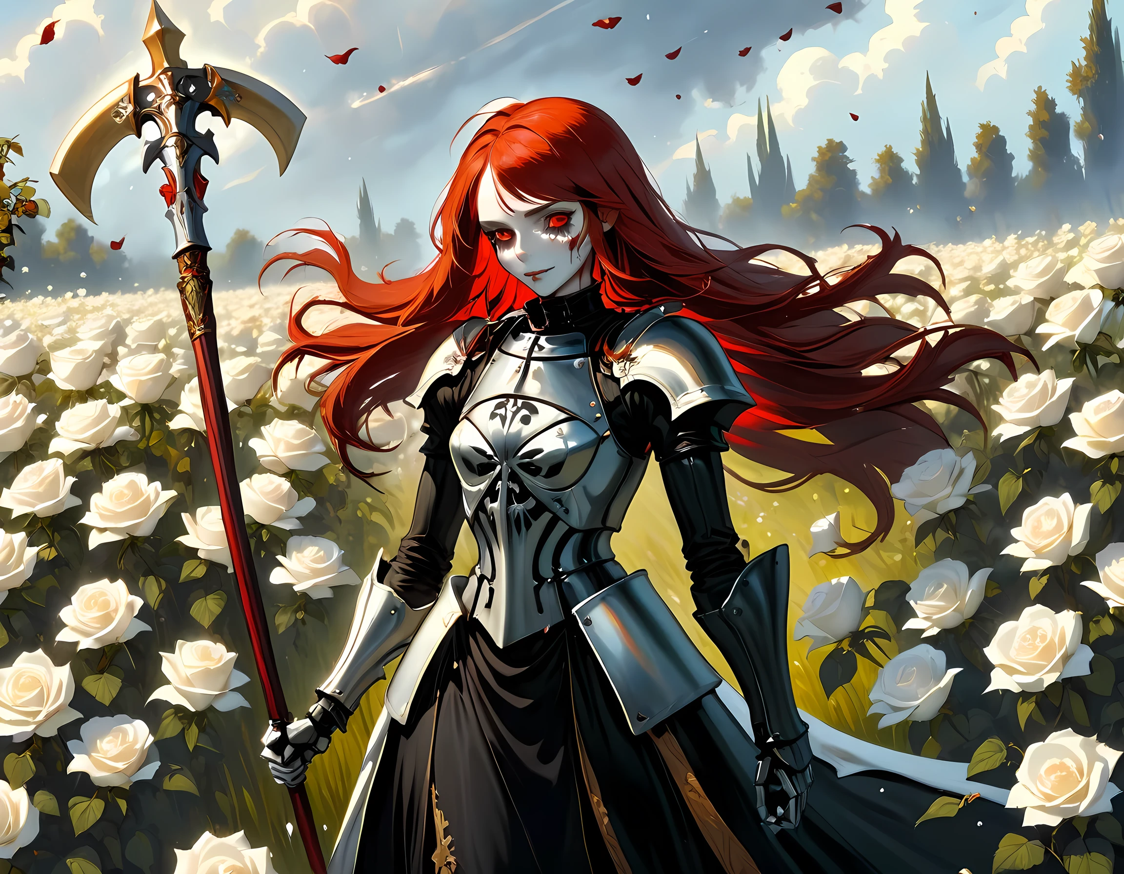 dark fantasy art, a female skeletal grim reaper in a field of white roses, the reaper has (skeletal head: 1.3) , long (red: 1.2) hair , red glowing eyes, she wears black robes, and black armor dress, ArmoredDress, flowing robes, she holds a scythe, in her arms, the scythe is dripping blood, a field of white roses background (best details, Masterpiece, best quality: 1.4), dynamic range, ultra wide shot, photorealism, depth of field, hyper realistic, RagingNebula