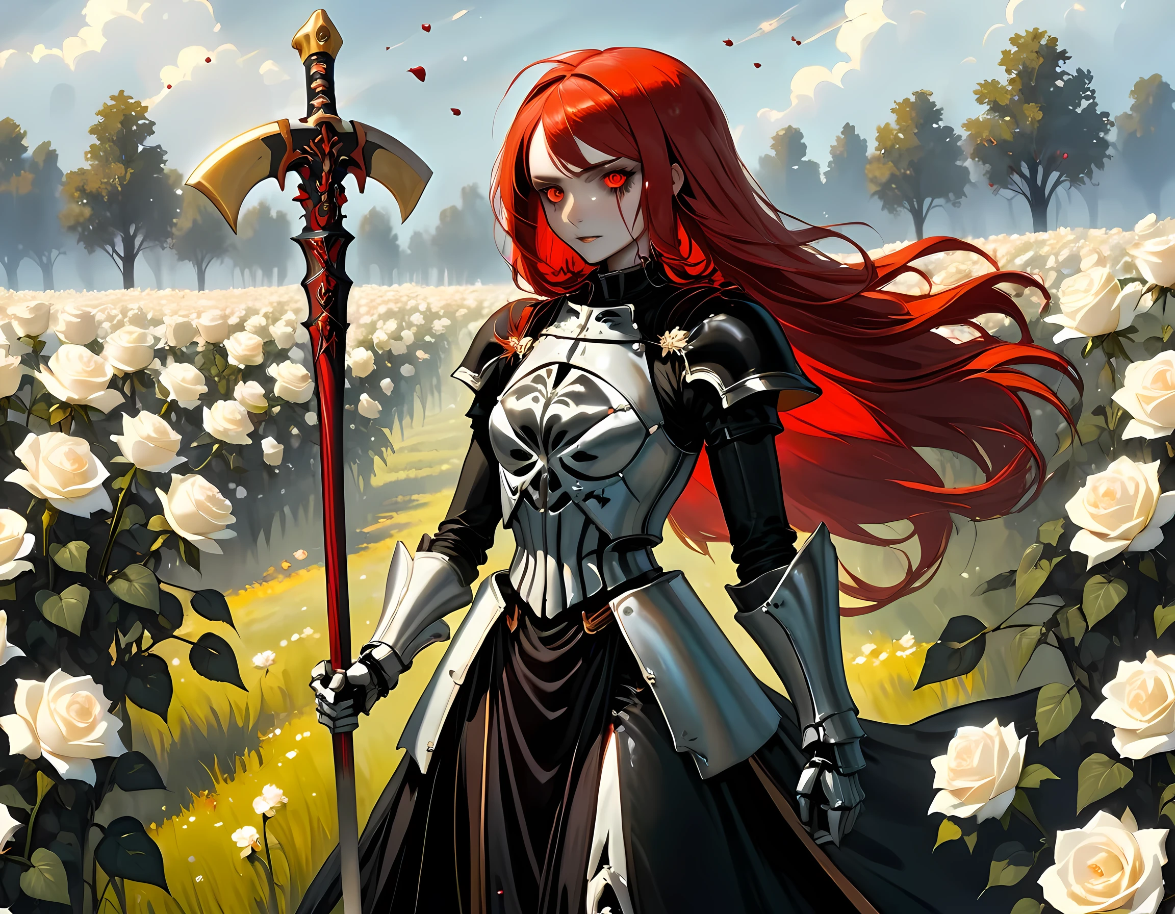 dark fantasy art, a female skeletal grim reaper in a field of white roses, the reaper has (skeletal head: 1.3) , long (red: 1.2) hair , red glowing eyes, she wears black robes, and black armor dress, ArmoredDress, flowing robes, she holds a scythe, in her arms, the scythe is dripping blood, a field of white roses background (best details, Masterpiece, best quality: 1.4), dynamic range, ultra wide shot, photorealism, depth of field, hyper realistic, RagingNebula