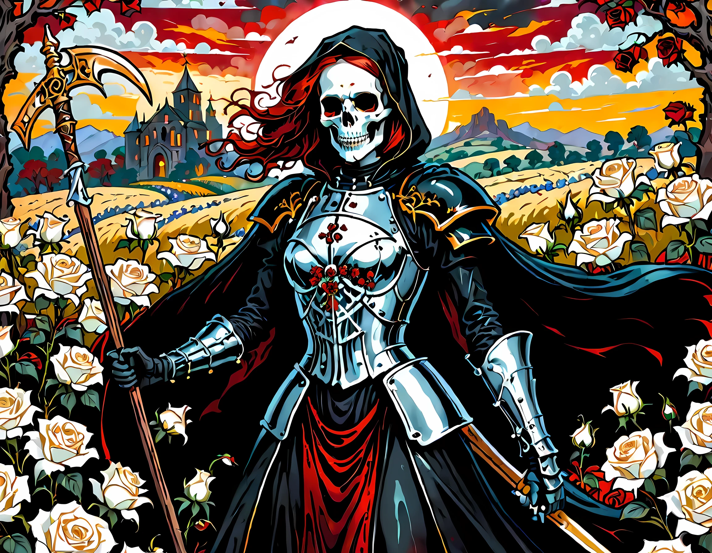 dark fantasy art, a female skeletal grim reaper in a field of white roses, the reaper has (skeletal head: 1.3) , long (red: 1.2) hair , red glowing eyes, she wears black robes, and black armor dress, ArmoredDress, flowing robes, she holds a scythe, in her arms, the scythe is dripping blood, a field of white roses background (best details, Masterpiece, best quality: 1.4), dynamic range, ultra wide shot, photorealism, depth of field, hyper realistic, RagingNebula