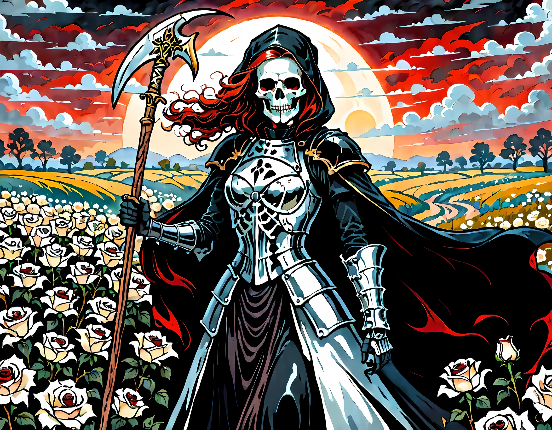 dark fantasy art, a female skeletal grim reaper in a field of white roses, the reaper has (skeletal head: 1.3) , long (red: 1.2) hair , red glowing eyes, she wears black robes, and black armor dress, ArmoredDress, flowing robes, she holds a scythe, in her arms, the scythe is dripping blood, a field of white roses background (best details, Masterpiece, best quality: 1.4), dynamic range, ultra wide shot, photorealism, depth of field, hyper realistic, RagingNebula