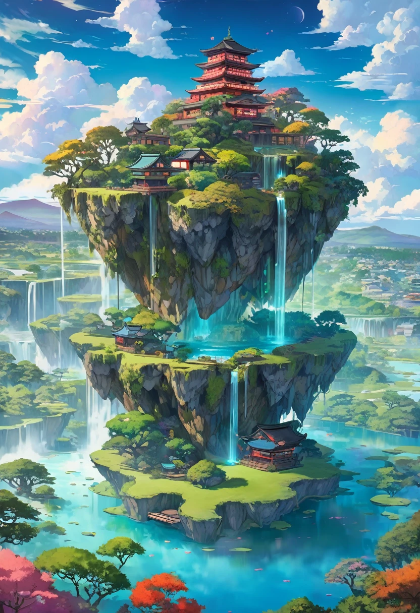 floating, floatingisland, landscape, floating island, Fantastic sky, rich vegetation,  Magical creatures, Vibrant colors, Surreal beauty, Dreamy atmosphere, Soft sunlight, Through the clouds, hidden cave, waterfall, Japantown, Mysterious Aura, Fantastic flora and fauna, Quiet Peace, enchanting landscape, The charm of another world