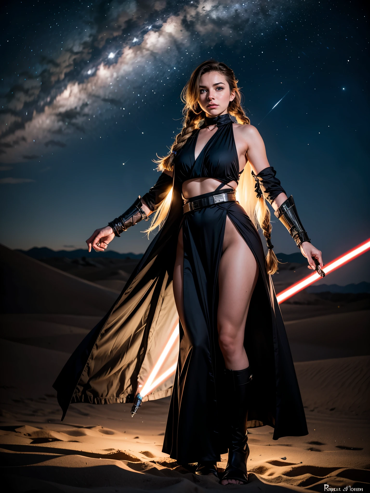 raw photo, (1 young girl), brunette, long braid, Sith costume, dark warrior, Star Wars style, night desert, dark lighting, standing, dynamic angle