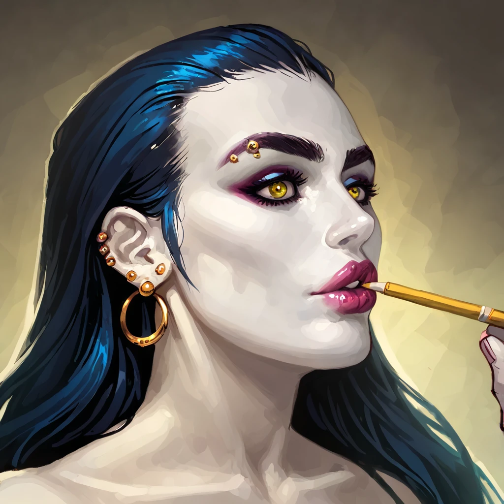 Portrait of a girl, piercings, alone, pale skin, female of pale skin, bright glossy skin, earrings, blue hair, detailed lips, upper body, piercing, olhando para frente, olhos castanhos, piercing de orelha, seios pequenos, eyeliner, thick pale blond eyebrows, thick graphitte outline, sketch, drawing, chalk lines, harsh lighting, vibrant colors, makeup, aw0k illuminate