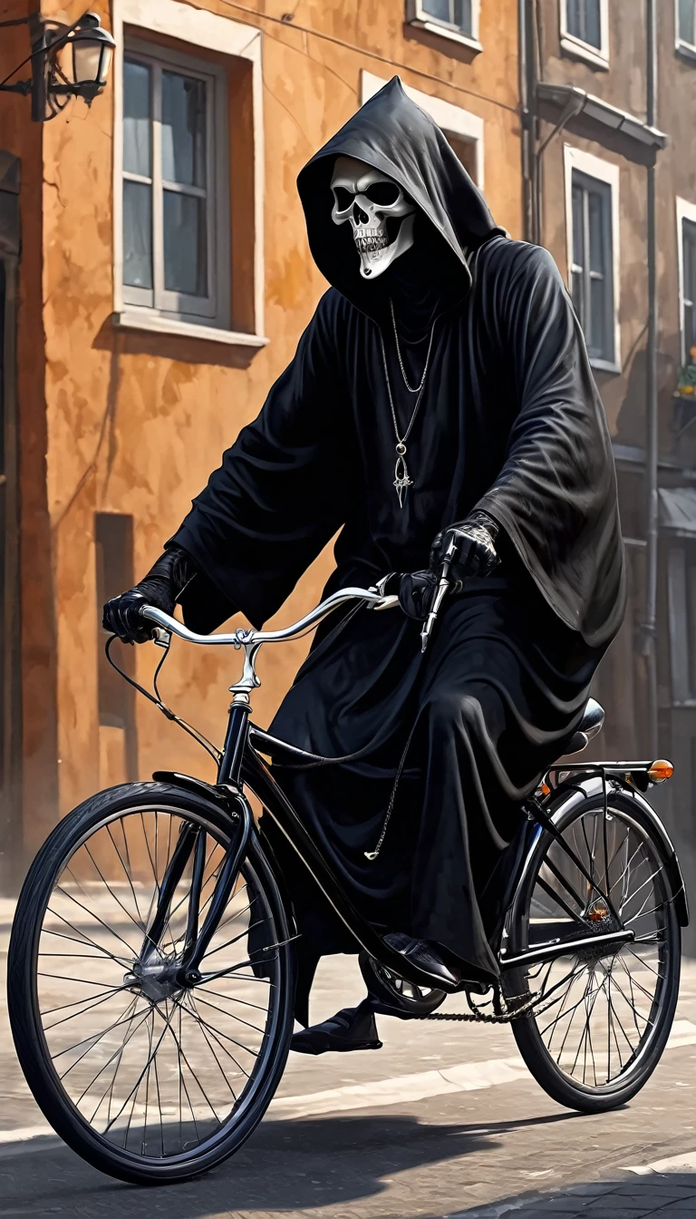 detailed, 8k, realistic, digital painting, absurde, black grim reaper ride a mountain bike, free time, happy 
