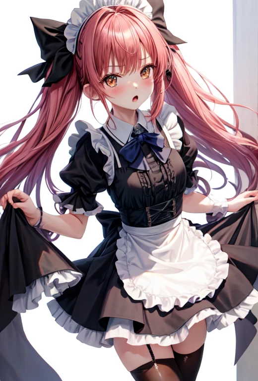 highest quality, masterpiece, High resolution, alone, (Excellent_Mikoto_Blue Archive:1.10), One Girl, Maid, blush, Maidの頭飾り, Maidエプロン, Black Dress, Frill apron, Knee socks, White apron, bow, Show Viewer, ribbon, Short sleeve, Simple Background, White Background, zettai ryouiki, - Detachable collar, Open your mouth, Puffy sleeves, 10 