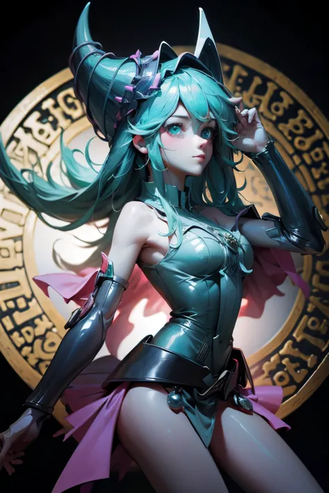 hatsune miku disfrazada de dark magician gils. cabello celeste extra largo. ojos verdes. magic circle background. pose sensual y...