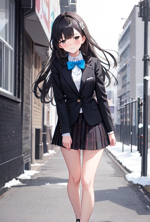 highest quality, masterpiece, High resolution, alone, (superior_Mikoto_Blue Archive:1.10), One girl, hairpin, tokiwadai , blazer, Winter clothes, Checked skirt, blush, bow, coin, 7 