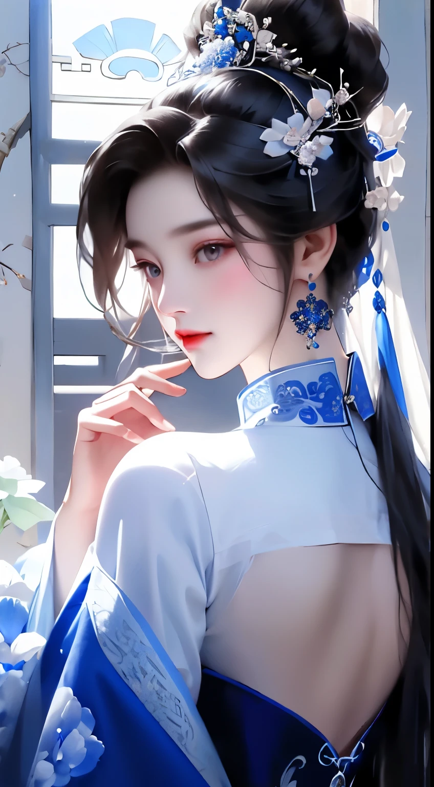 tmasterpiece，best qualtiy，8K，primitive：1.2，realisticlying：1.4，Grotesque，1 Role，Solo，ff Tifa，Most detailed，opens his eyes wide：1.3，eyes reflection：1.5，eyes with brightness：1.5，White skin，（Chinese cheongsam with blue and flowers，Side splits，lace-up，Chinese tiara，Blue and white porcelain），Plum print，Slim，Thin leg，Moon，Updraft，rays of moonlight，Beautiful ancient Chinese architecture，Chinese style，（back）