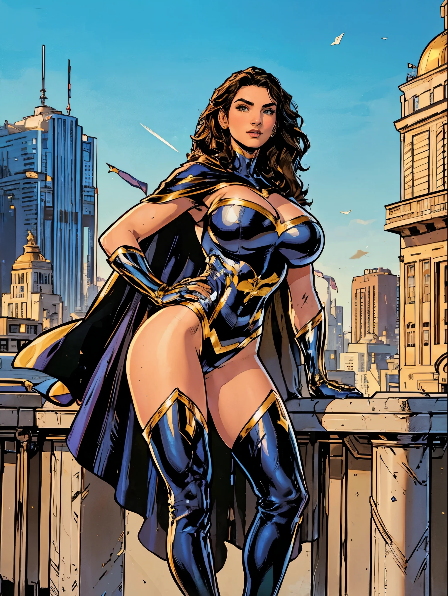 Gorgeous and sultry busty athletic (thin) brunette with sharp facial features and a (large nose) and (huge boobs) wearing a white and gold superhero leotard, cape, gloves, thigh-high boots. City skyline, rooftops, daytime.