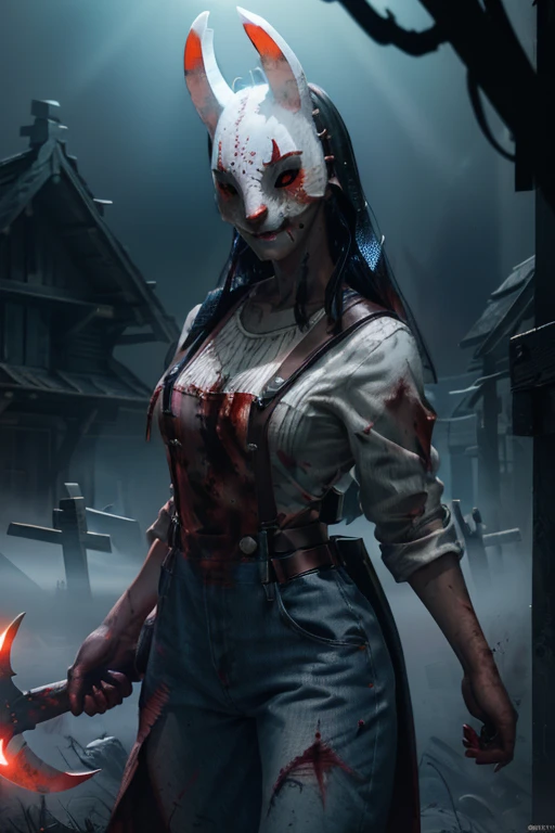 Masterpiece, best quality, 8K Wallpaper, HDR, octane rendering. A girl, alone, (Hunter DBD), (White shirt, blue overalls), looking at the viewer, (torso, weapon, blood, mask), gray background, fog, cemetery, detailed scenery, frontal viewer, skull, Horror (theme), scythe, detailed setting. the girl has (medium messy hair, hair over her shoulder, shiny black hair: 1.2), (bright red eyes: 1.6), (sharp teeth: 1.2), (body with perfect anatomy, perfect natural texture, high details, shiny skin ) cinematic lighting, vivid colors, detailed illustration, depth of field.