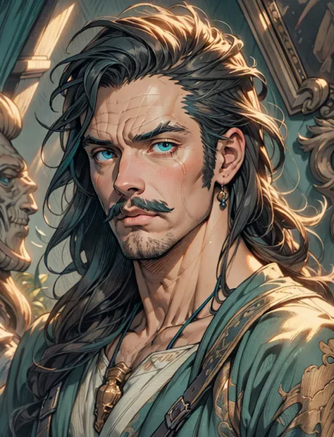 a middle-aged man with mustache, long teal hair, wild and disheveled hairstyle, , this character embodies a finely crafted fanta...