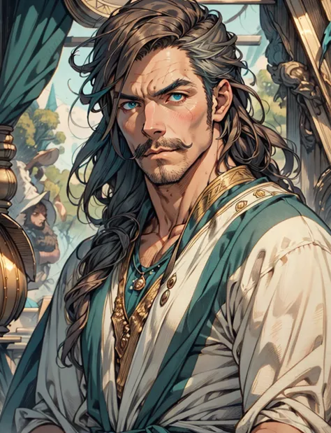 A middle-aged man with mustache, long teal hair, wild and disheveled hairstyle, , this character embodies a finely crafted fanta...