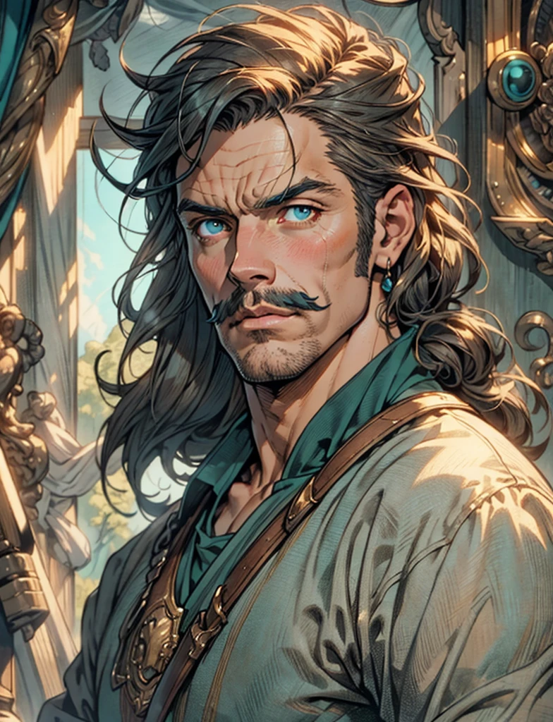 A middle-aged man with mustache, long teal hair, wild and disheveled hairstyle, , this character embodies a finely crafted fantasy-style hunter in anime style, exquisite and mature manga art style, high definition, best quality, highres, ultra-detailed, ultra-fine painting, extremely delicate, professional, anatomically correct, symmetrical face, extremely detailed eyes and face, high quality eyes, creativity, RAW photo, UHD, 8k, Natural light, cinematic lighting, masterpiece-anatomy-perfect, masterpiece:1.5