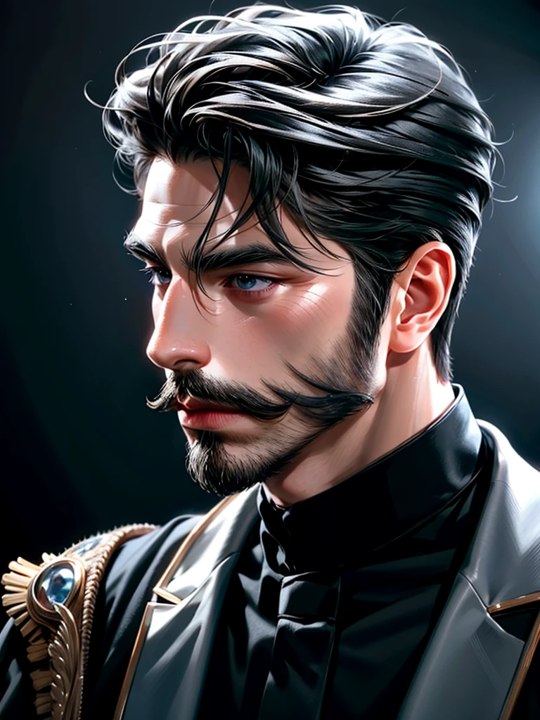 high quality, 8k, Ultra detailed, hdr, studio light, Masterpiece, complete sideview of face, Handsome side face, sleek nose, a man with mustache, azure big beautiful grey eyes, closed mouth, messy hair, dynamic pose realistic, detailed and correct facial structure, pomade hair style