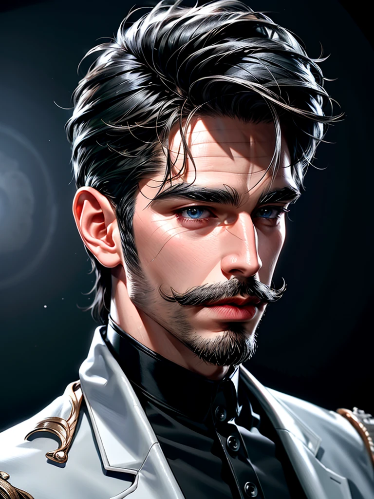 high quality, 8k, Ultra detailed, hdr, studio light, Masterpiece, complete sideview of face, Handsome side face, sleek nose, a man with mustache, azure big beautiful grey eyes, closed mouth, messy hair, dynamic pose realistic, detailed and correct facial structure, pomade hair style