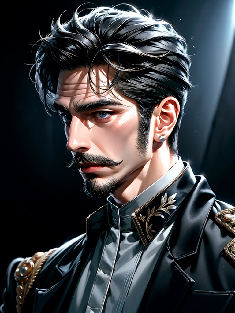 high quality, 8k, Ultra detailed, hdr, studio light, Masterpiece, complete sideview of face, Handsome side face, sleek nose, a man with mustache, azure big beautiful grey eyes, closed mouth, messy hair, dynamic pose realistic, detailed and correct facial structure, pomade hair style