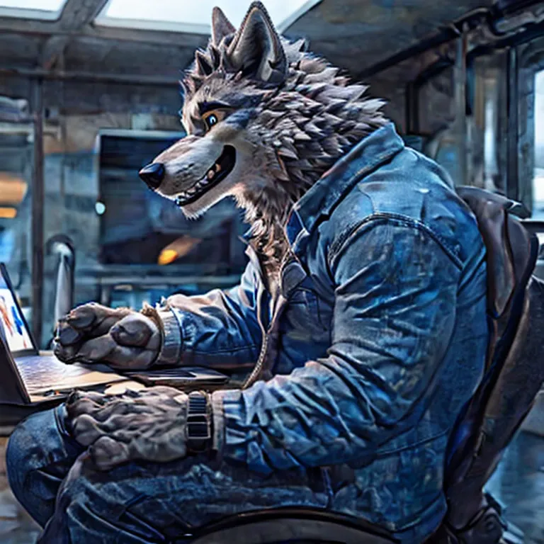 anthro (wolf), male, high-resolution, muscular, sitting, macbook air, gray fur, sharp focus, profile picture, crossed legs, inte...