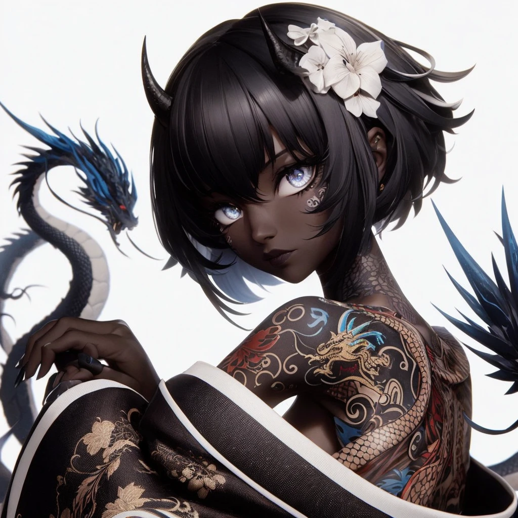 чернокожая женщина с короткими волосами и белыми глазами, с татуировкой дракона на теле и в кимоно