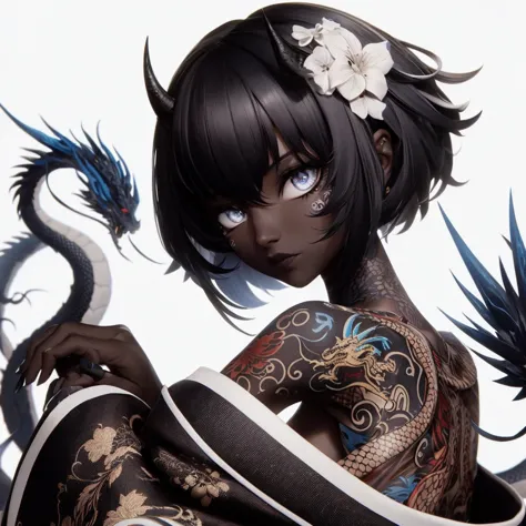 uma personagen feminina negra de cabelos curtos e olhos brancos, with a dragon tattoo on his body and wearing a kimono