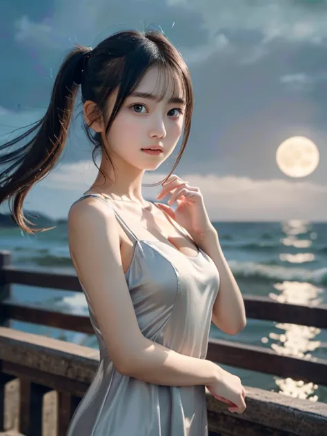 (Close up portrait of slender little breasted girl with twin-tailed hair fluttering in the wind in silk dress:1.5)、(Girl sadly l...