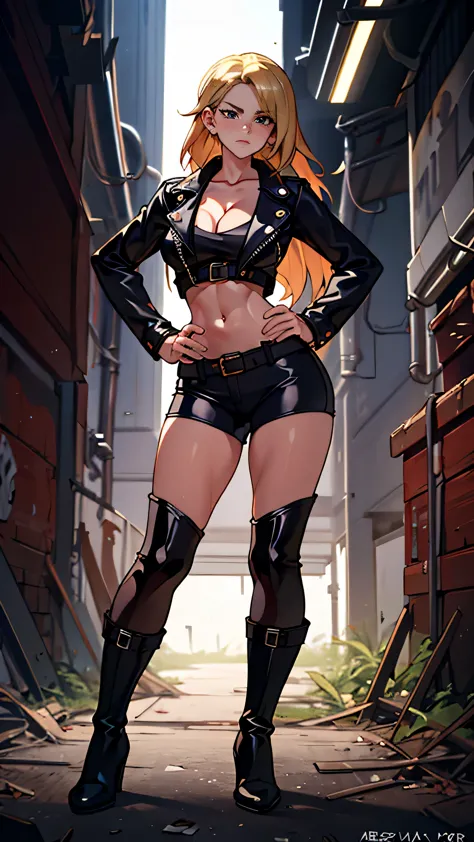 masterpiece, best quality, masterpiece, best quality, 1 woman, long blonde hair , black leather motorcycle jacket , big breasts ...