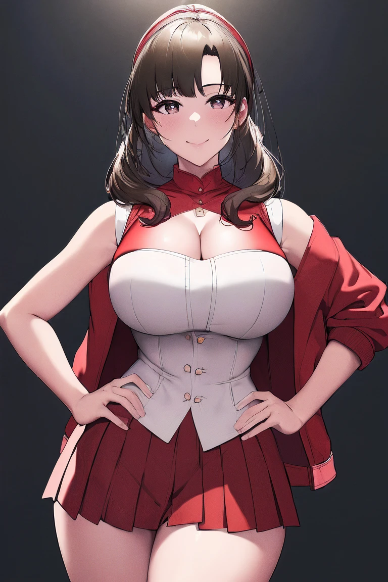 (masterpiece, the best quality:1.2), Cowboy shooting, Solitary, 1 Girl, Makoto Ohama,Charming smile, Shut up, looking at the audience,posture, Hands on Hips,Big breasts(((Large Breasts、Low-cut，Cleavage, Wide hips,)))((Long legs)),Hourglass figure, ,Headband, Osukidev, Strapless, lace up boots, army, army , pleated skirt, (Red Jacket:1.5), skirt, High Leg Raise, , white High Leg Raise, white ribbon, Buttons, (sleeveless:1.5),National Foundation,Official Art,Extremely detailed CG unity 8k wallpaper, Perfect lighting, (masterpiece:1.0),(the best_quality:1.0), Ultra-high resolution,4k,Extremely detailed, photography, 8K, HDR, High resolution, absurd:1.2, Kodak Portrait 400, Film Grain, Blurred background, Bokeh:1.2, lens flare, (energetic_color:1.2),(beautiful_Face:1.5),(narrow_waist),(Perfect hands, Perfect anatomical structure),