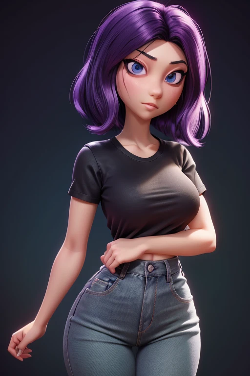 Female cartoon character, Black T-shirt, jeans, Purple hair with light green highlights, Medium Hair, Wavy Hair, Perfect hands, Perfect Big Eyes, Looking at the viewers, Glowing Skin, Beautiful scene, Gray background, Bokeh, kkw-ph1,  