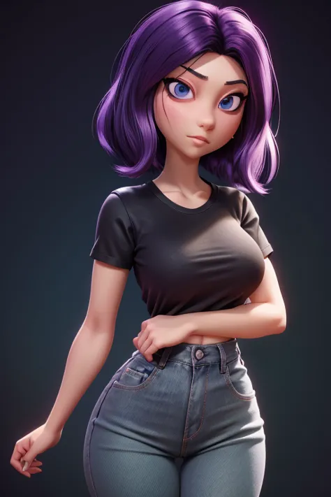 Female cartoon character, Black T-shirt, jeans, Purple hair with light green highlights, Medium Hair, Wavy Hair, Perfect hands, ...