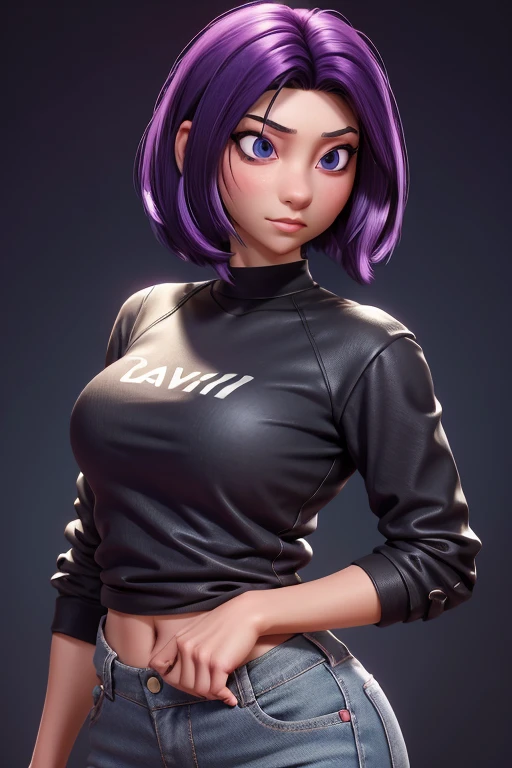 Female cartoon character, 40yo, Black T-shirt, jeans, Purple hair with light green highlights, Medium Hair, Curly Hair, Perfect hands, Perfect Eyes, Looking at the viewers, Glowing Skin, Beautiful scene, Gray background, Bokeh, kkw-ph1,  