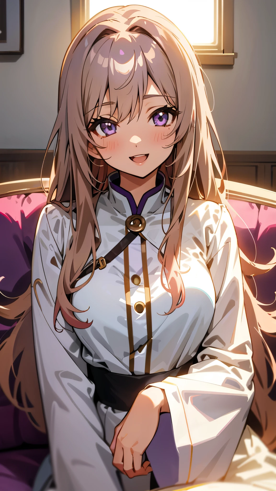 1 girl、Anime Style、美しい light brown hair、beautiful purple beautiful eyes、Long Hair、Transparent Hair、Translucent hair、smile、Open your mouth、Upper body close-up、Western-style room、sofa、morning、Lens flare、Shiny skin、Sexy clothing that reveals skin