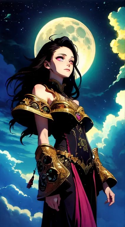 ((best quality)), ((masterpiece)), (detailed), nezuko, long black hair, pink eyes, demon slayer, horror beauty, perched on a clo...