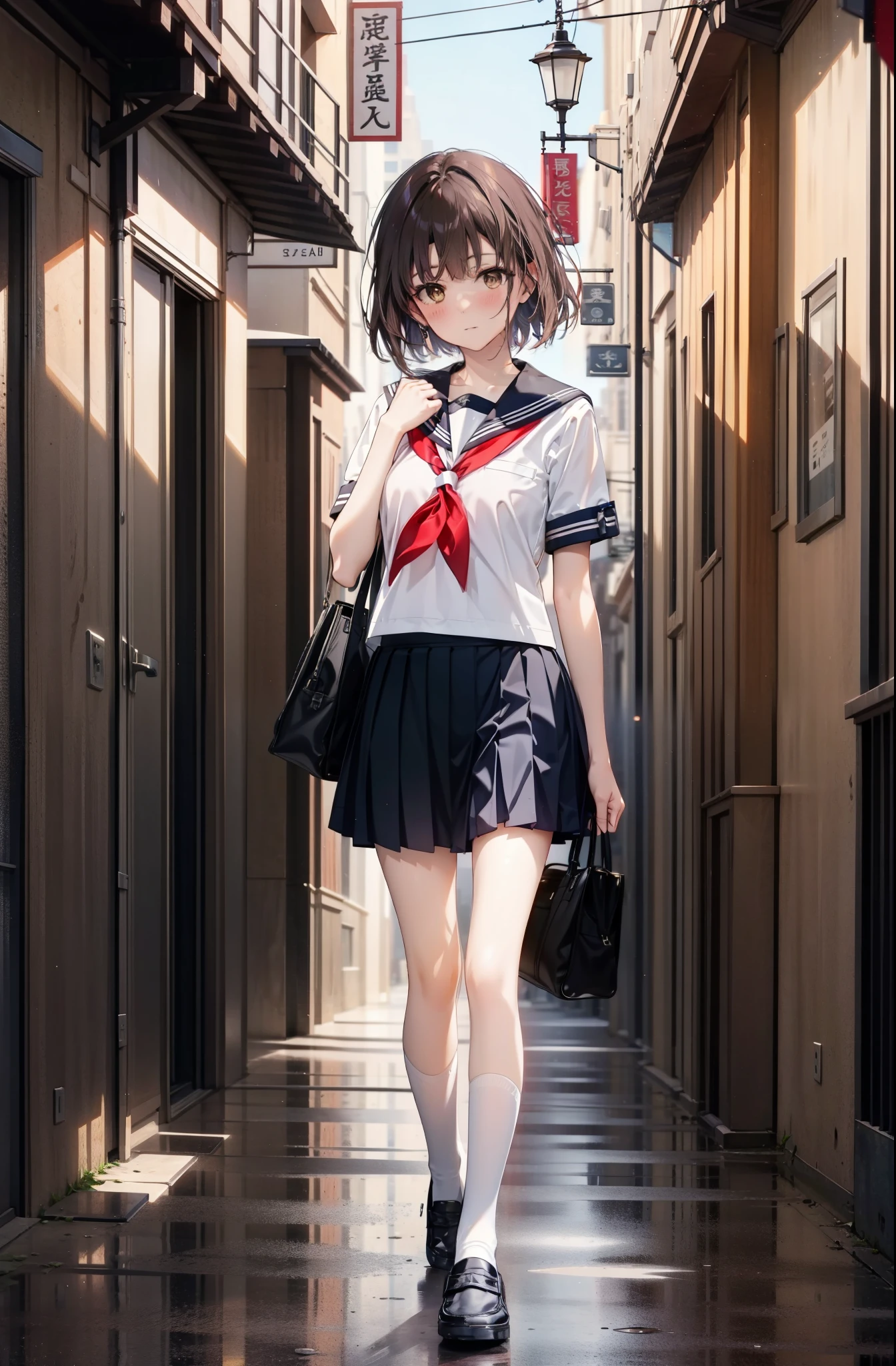 katoumegumi, megumi katou, Brown Hair, short hair, (Brown eyes:1.5),Medium chest,Japanese schoolgirl(Black Sailor Suit),Short sleeve,Black pleated skirt,Knee socks,Brown Loafers,walk,morning,morning陽,The sun is rising,whole bodyがイラストに入るように,walk,Looking down from above,
break outdoors, city,Area,
break looking at viewer, whole body,
break (masterpiece:1.2), highest quality, High resolution, unity 8k wallpaper, (shape:0.8), (Beautiful details:1.6), Highly detailed face, Perfect lighting, Highly detailed CG, (Perfect hands, Perfect Anatomy),