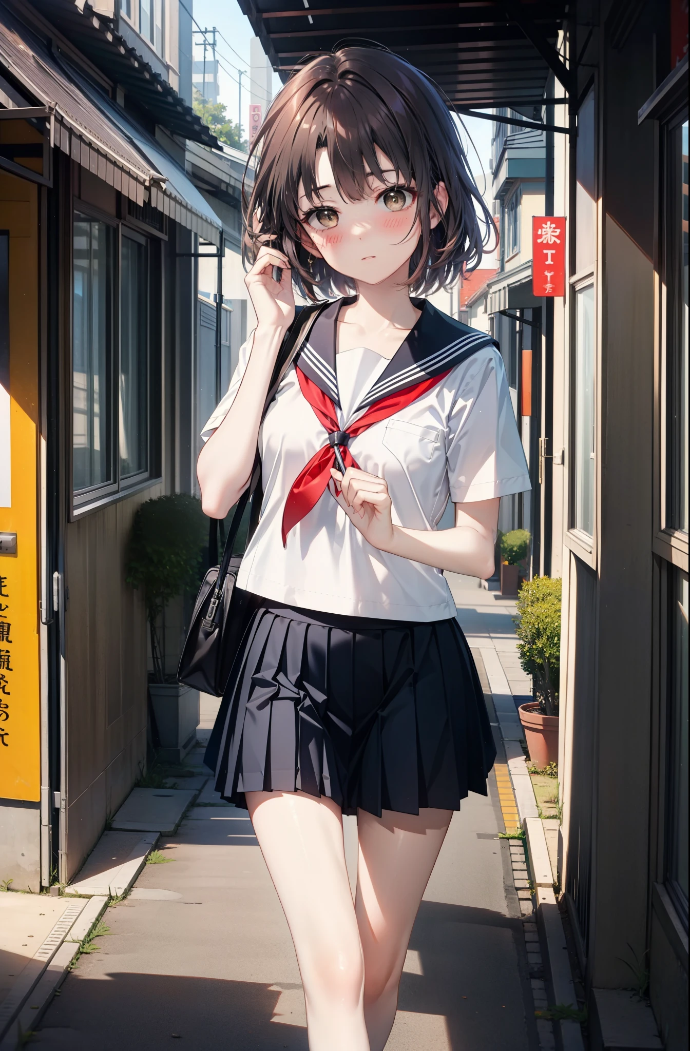 katoumegumi, megumi katou, Brown Hair, short hair, (Brown eyes:1.5),Medium chest,Japanese schoolgirl(Black Sailor Suit),Short sleeve,Black pleated skirt,Black knee socks,Brown Loafers,walk,morning,morning陽,The sun is rising,whole bodyがイラストに入るように,walk,Looking down from above,
break outdoors, city,Area,
break looking at viewer, whole body,
break (masterpiece:1.2), highest quality, High resolution, unity 8k wallpaper, (shape:0.8), (Beautiful details:1.6), Highly detailed face, Perfect lighting, Highly detailed CG, (Perfect hands, Perfect Anatomy),