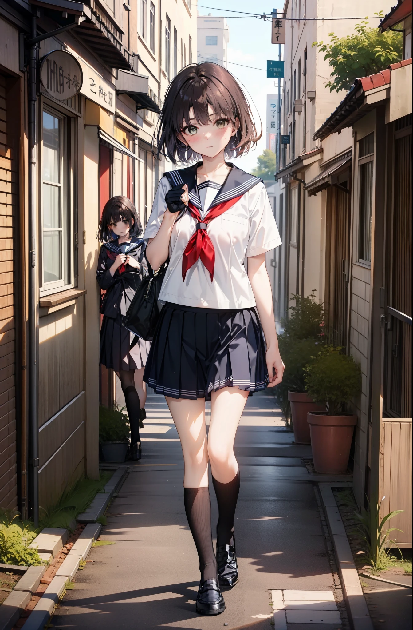 katoumegumi, megumi katou, Brown Hair, short hair, (Brown eyes:1.5),Medium chest,Japanese schoolgirl(Black Sailor Suit),Short sleeve,Black pleated skirt,Black knee socks,Brown Loafers,walk,morning,morning陽,The sun is rising,whole bodyがイラストに入るように,walk,Looking down from above,
break outdoors, city,Area,
break looking at viewer, whole body,
break (masterpiece:1.2), highest quality, High resolution, unity 8k wallpaper, (shape:0.8), (Beautiful details:1.6), Highly detailed face, Perfect lighting, Highly detailed CG, (Perfect hands, Perfect Anatomy),