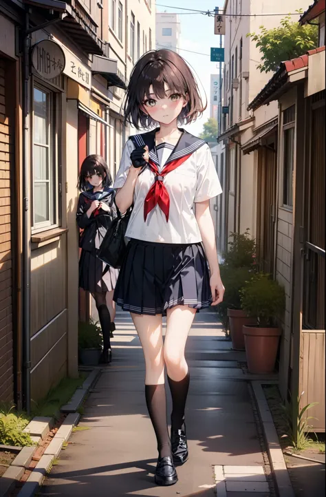 katoumegumi, megumi katou, Brown Hair, short hair, (Brown eyes:1.5),Medium chest,Japanese schoolgirl(Black Sailor Suit),Short sl...