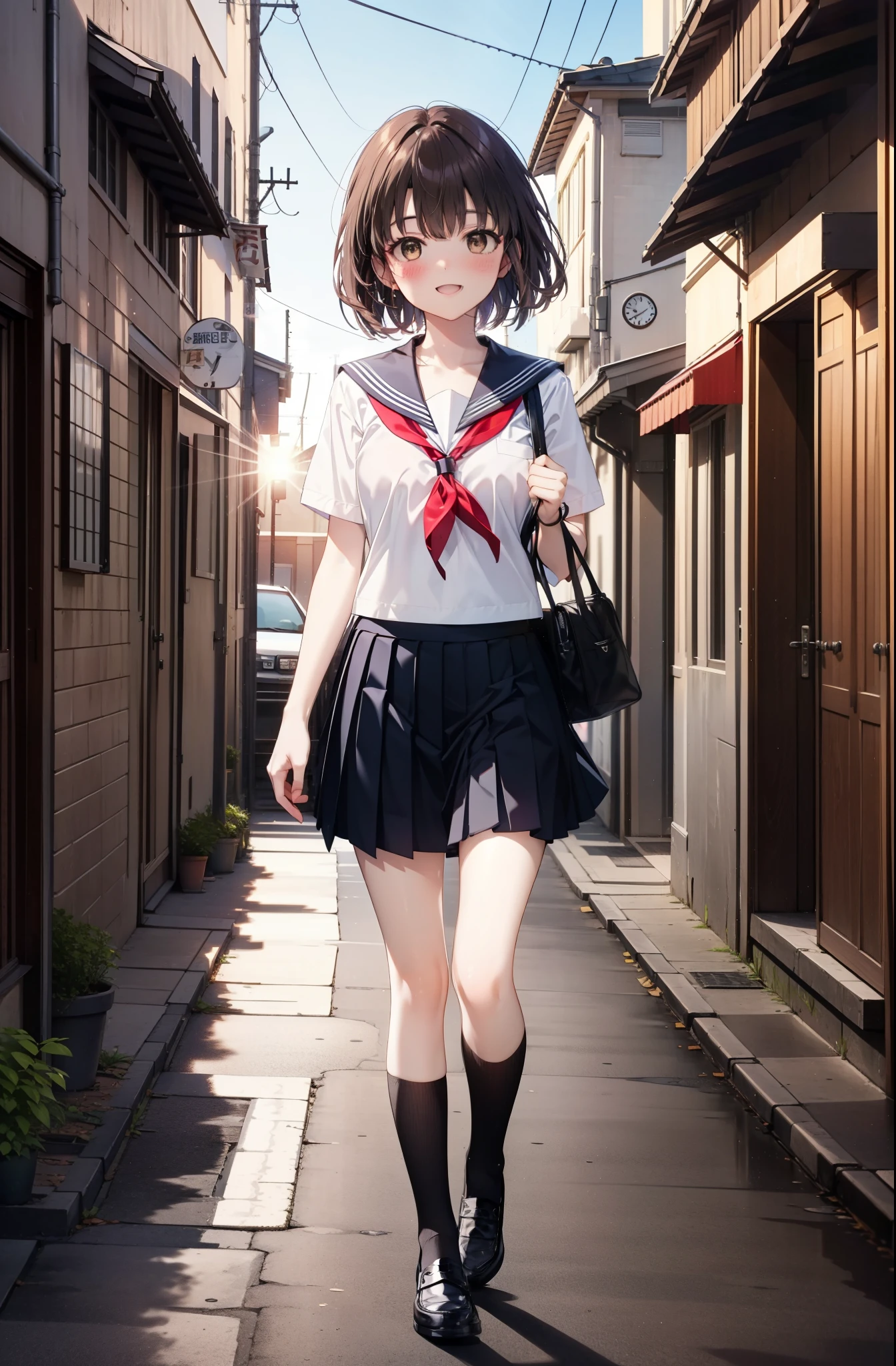 katoumegumi, megumi katou, Brown Hair, short hair, (Brown eyes:1.5),happy smile, smile, Open your mouth,Medium chest,Japanese schoolgirl(Black Sailor Suit),Short sleeve,Black pleated skirt,Black knee socks,Brown Loafers,walk,morning,morning陽,The sun is rising,whole bodyがイラストに入るように,walk,Looking down from above,
break outdoors, city,Area,
break looking at viewer, whole body,
break (masterpiece:1.2), highest quality, High resolution, unity 8k wallpaper, (shape:0.8), (Beautiful details:1.6), Highly detailed face, Perfect lighting, Highly detailed CG, (Perfect hands, Perfect Anatomy),