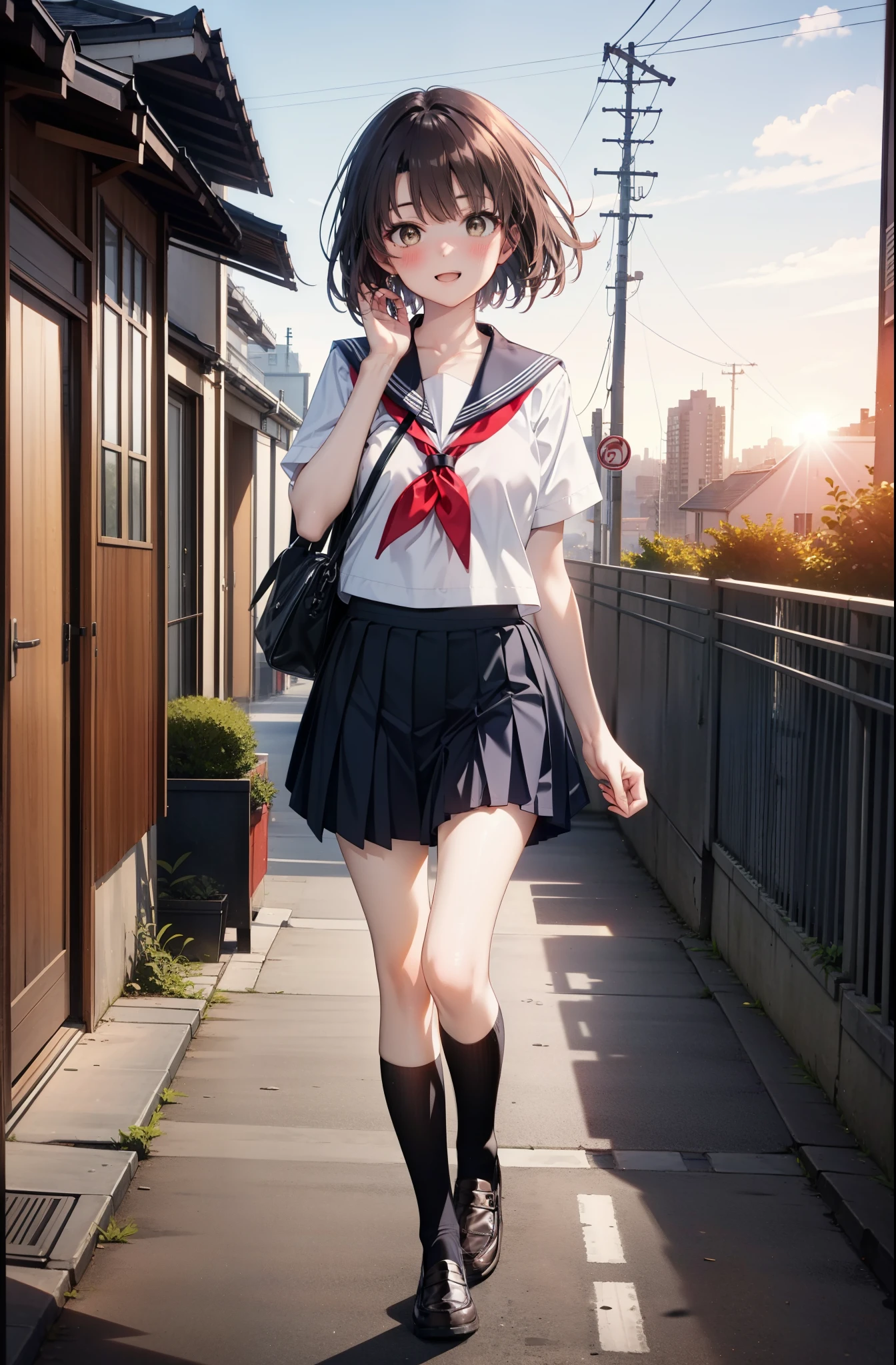 katoumegumi, megumi katou, Brown Hair, short hair, (Brown eyes:1.5),happy smile, smile, Open your mouth,Medium chest,Japanese schoolgirl(Black Sailor Suit),Short sleeve,Black pleated skirt,Black knee socks,Brown Loafers,walk,morning,morning陽,The sun is rising,whole bodyがイラストに入るように,walk,Looking down from above,
break outdoors, city,Area,
break looking at viewer, whole body,
break (masterpiece:1.2), highest quality, High resolution, unity 8k wallpaper, (shape:0.8), (Beautiful details:1.6), Highly detailed face, Perfect lighting, Highly detailed CG, (Perfect hands, Perfect Anatomy),