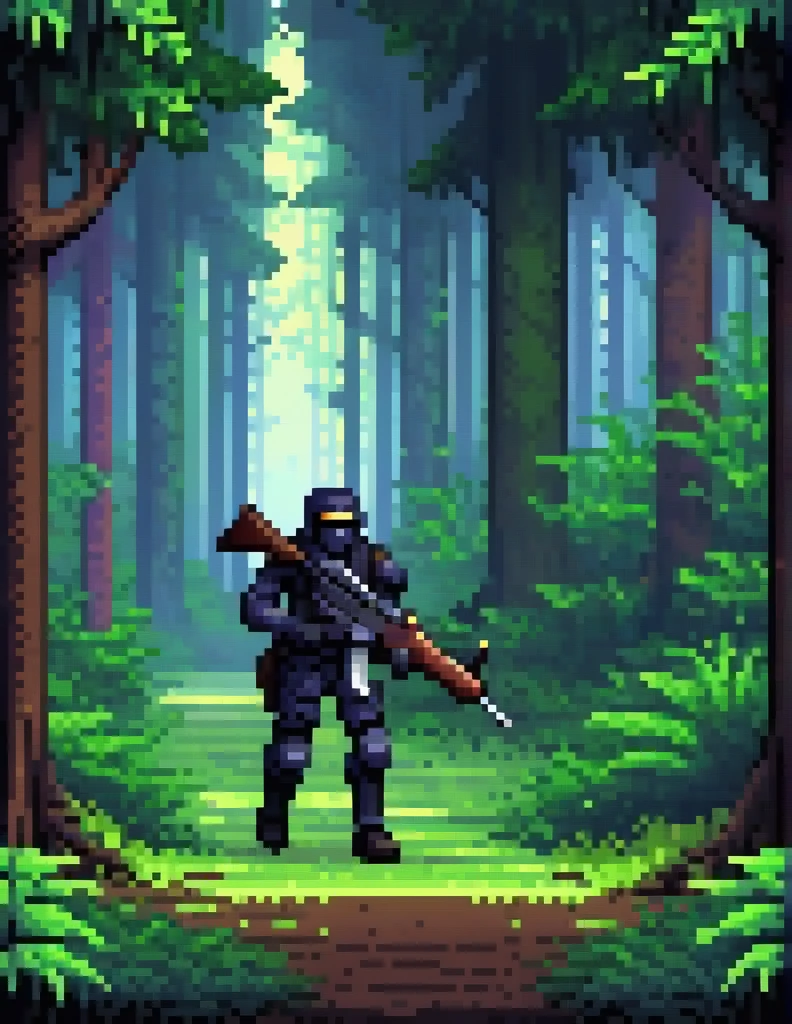 (Pixel art:1.2), a dark soldier holding a giant rifle hiding in the forest