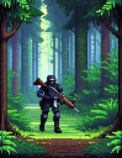 (Pixel art:1.2), a dark soldier holding a giant rifle hiding in the forest