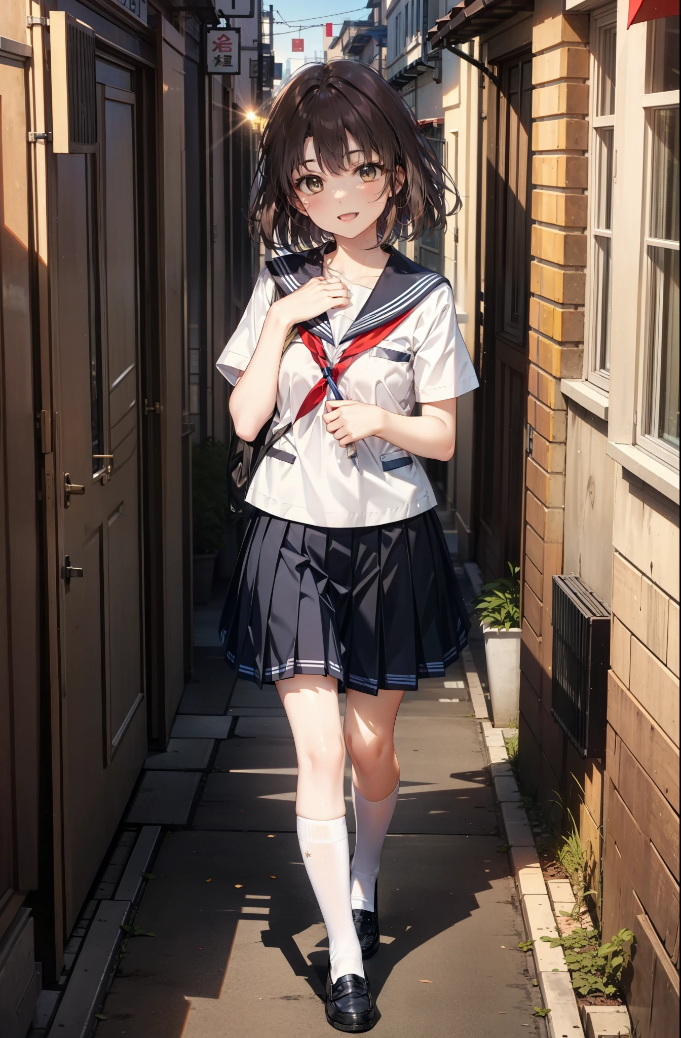 katoumegumi, megumi katou, Brown Hair, short hair, (Brown eyes:1.5),happy smile, smile, Open your mouth,Medium chest,Japanese schoolgirl(Black Sailor Suit),Short sleeve,Black pleated skirt,Black knee socks,Brown Loafers,walk,morning,morning陽,The sun is rising,whole bodyがイラストに入るように,walk,Looking down from above,
break outdoors, city,Area,
break looking at viewer, whole body,
break (masterpiece:1.2), highest quality, High resolution, unity 8k wallpaper, (shape:0.8), (Beautiful details:1.6), Highly detailed face, Perfect lighting, Highly detailed CG, (Perfect hands, Perfect Anatomy),