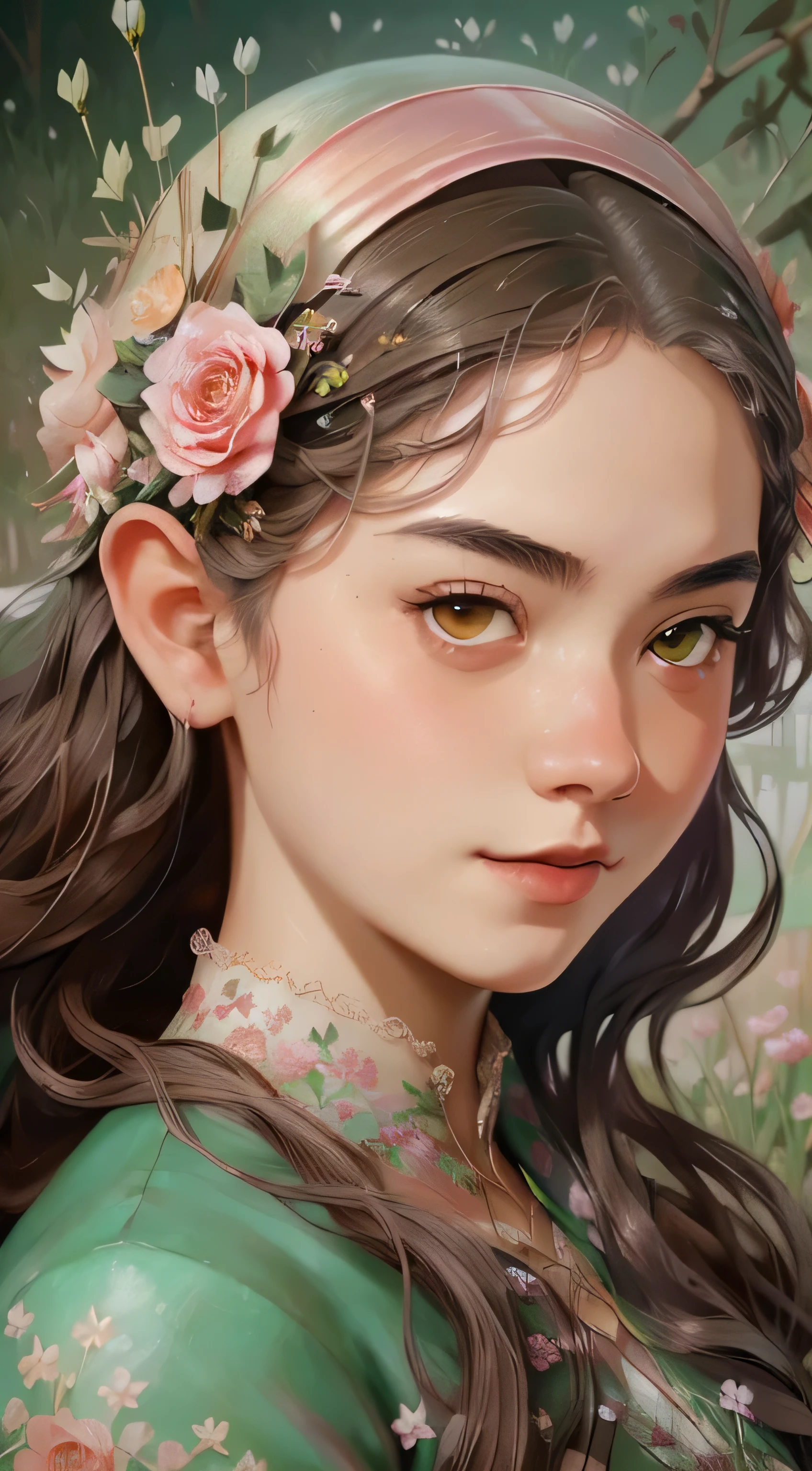 There is a digital painting，A girl with flowers in her hair, Deviantart ArtStation CGSCOSIETY, digital fantasy art ), Fantasy art Behance, hyperrealistic fantasy art, Beautiful digital artwork, Elf Girl, Realistic fantasy illustration, detailed fantasy digital art, flod, digital fantasy art, Beautiful digital illustration, Realistic fantasy artwork, stunning digital illustration