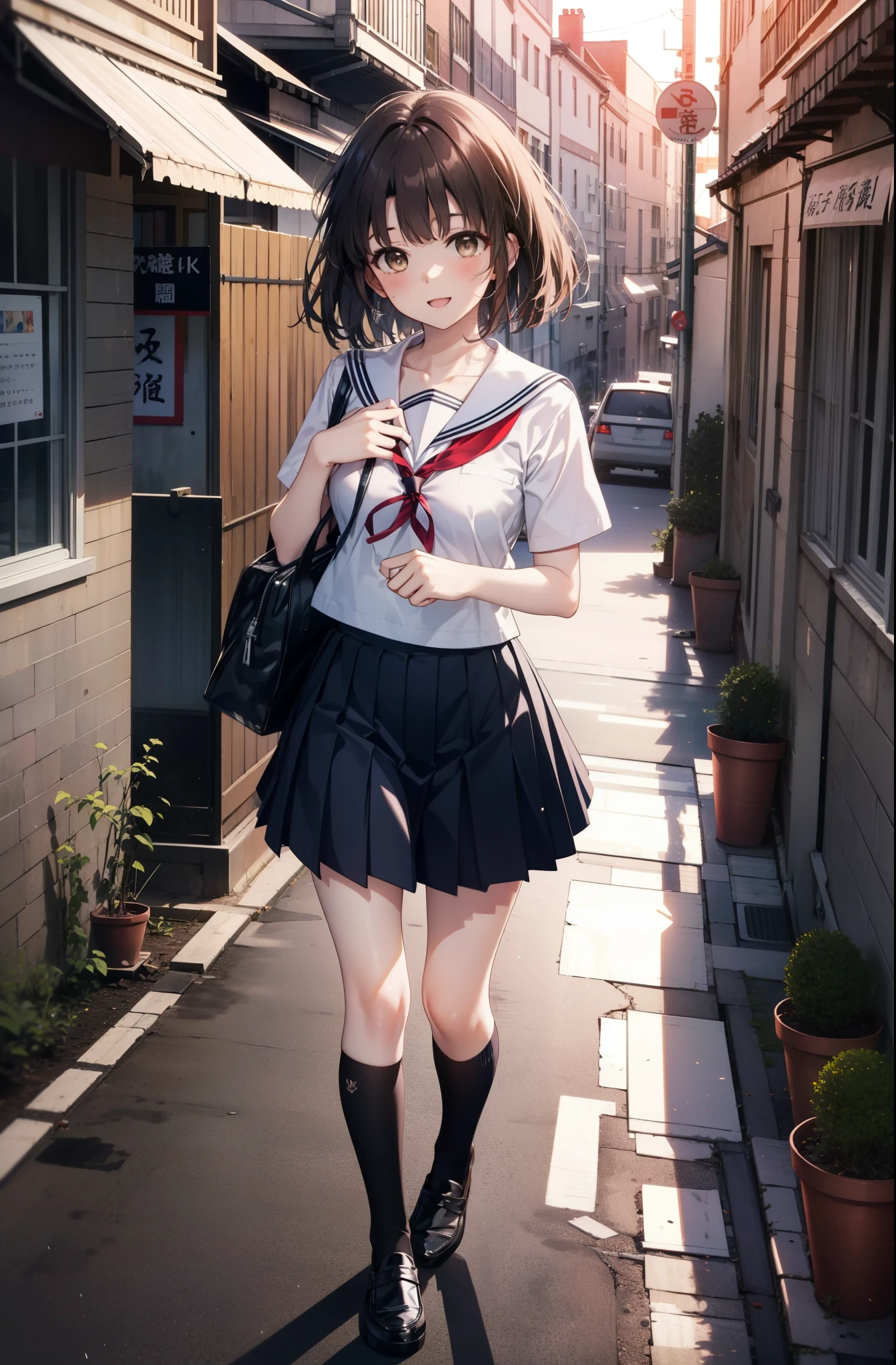 katoumegumi, megumi katou, Brown Hair, short hair, (Brown eyes:1.5),happy smile, smile, Open your mouth,Medium chest,Japanese schoolgirl(Black Sailor Suit),Short sleeve,Black pleated skirt,Black knee socks,Brown Loafers,walk,morning,morning陽,The sun is rising,whole bodyがイラストに入るように,walk,Looking down from above,
break outdoors, city,Area,
break looking at viewer, whole body,
break (masterpiece:1.2), highest quality, High resolution, unity 8k wallpaper, (shape:0.8), (Beautiful details:1.6), Highly detailed face, Perfect lighting, Highly detailed CG, (Perfect hands, Perfect Anatomy),