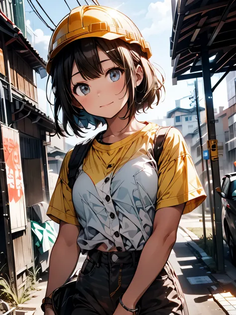 おはようございます☀️, i will do my best today, yellow helmet, construction site, short-haired girl, work clothes, site supervisor