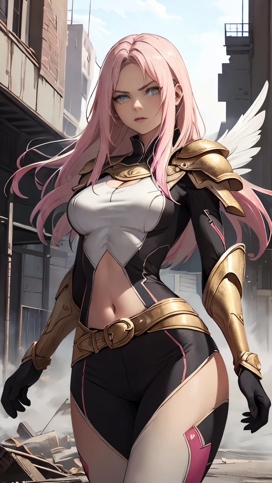 (Highly quality, masterpiece, detailed), Destroyed city detailed scenario, destroyed city detailed background, 20 years old girl, solo, angry, hero suit, straight hair, white and pink hair, Gold belt, gold wristband, Gold Shoulder pad, 1girl, pink wings, crop top, Abdomen, Navel, beautiful eyes, perfect eyes, looking at the viewer, Sexy pose