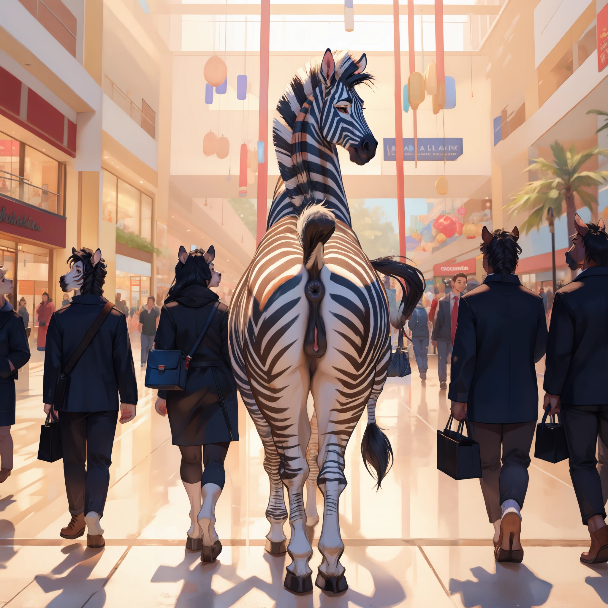 Zebra selvagem , fêmea, buceta de cavalo, ânus, bunda, andando , shopping center, pessoas no fundo 