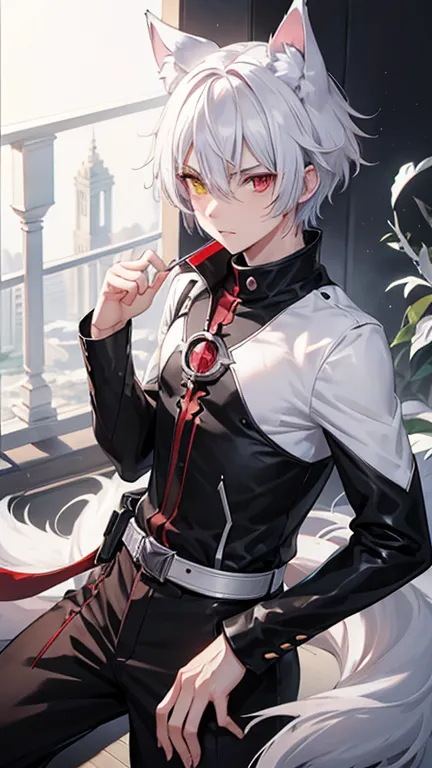 male anime character,(heterochromia,right eye:clear yellow eyes, left eye:fiery iridescent red eyes), silver hair, short hair,  ...