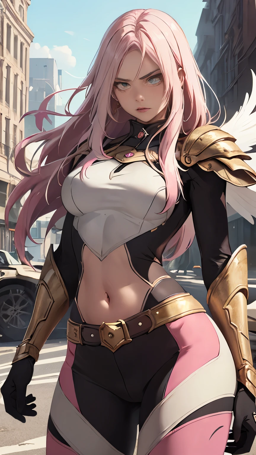 (Highly quality, masterpiece, detailed), Destroyed city detailed scenario, destroyed city detailed background, 20 years old girl, solo, angry, hero suit, straight hair, white and pink hair, Gold belt, gold wristband, Gold Shoulder pad, 1girl, pink wings, crop top, Abdomen, Navel, beautiful eyes, perfect eyes, looking at the viewer, Sexy pose