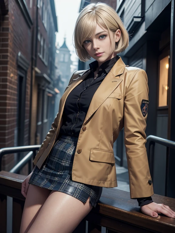 8K,Masterpiece,One woman,Smile,30 years old,blue eyes,Blonde Hair,Short Bob Hair,Ella Freya, a beautiful Dutch YouTuber（Ella Freya),「Resident Evil RE:4」Ashley, the heroine of,Dark camel colored blazer uniform jacket,Checkered  Mini Skirt