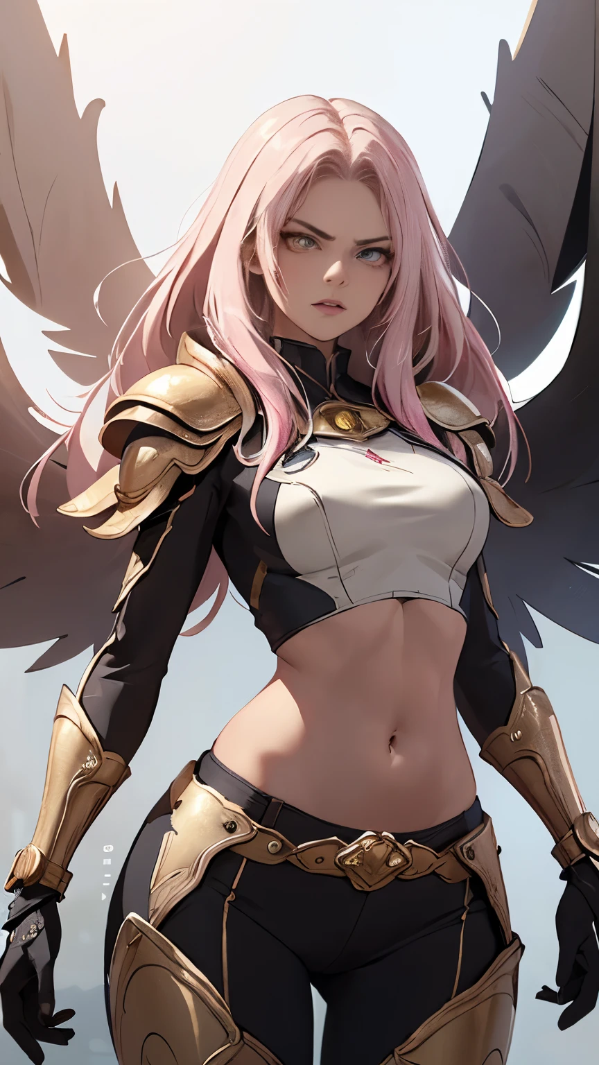 (Highly quality, masterpiece, detailed), Destroyed city detailed scenario, destroyed city detailed background, 20 years old girl, solo, angry, hero suit, straight hair, white and pink hair, Gold belt, gold wristband, Gold Shoulder pad, 1girl, pink wings, 2d, 3d, crop top, Abdomen, Navel, beautiful eyes, perfect eyes, looking at the viewer, Sexy pose