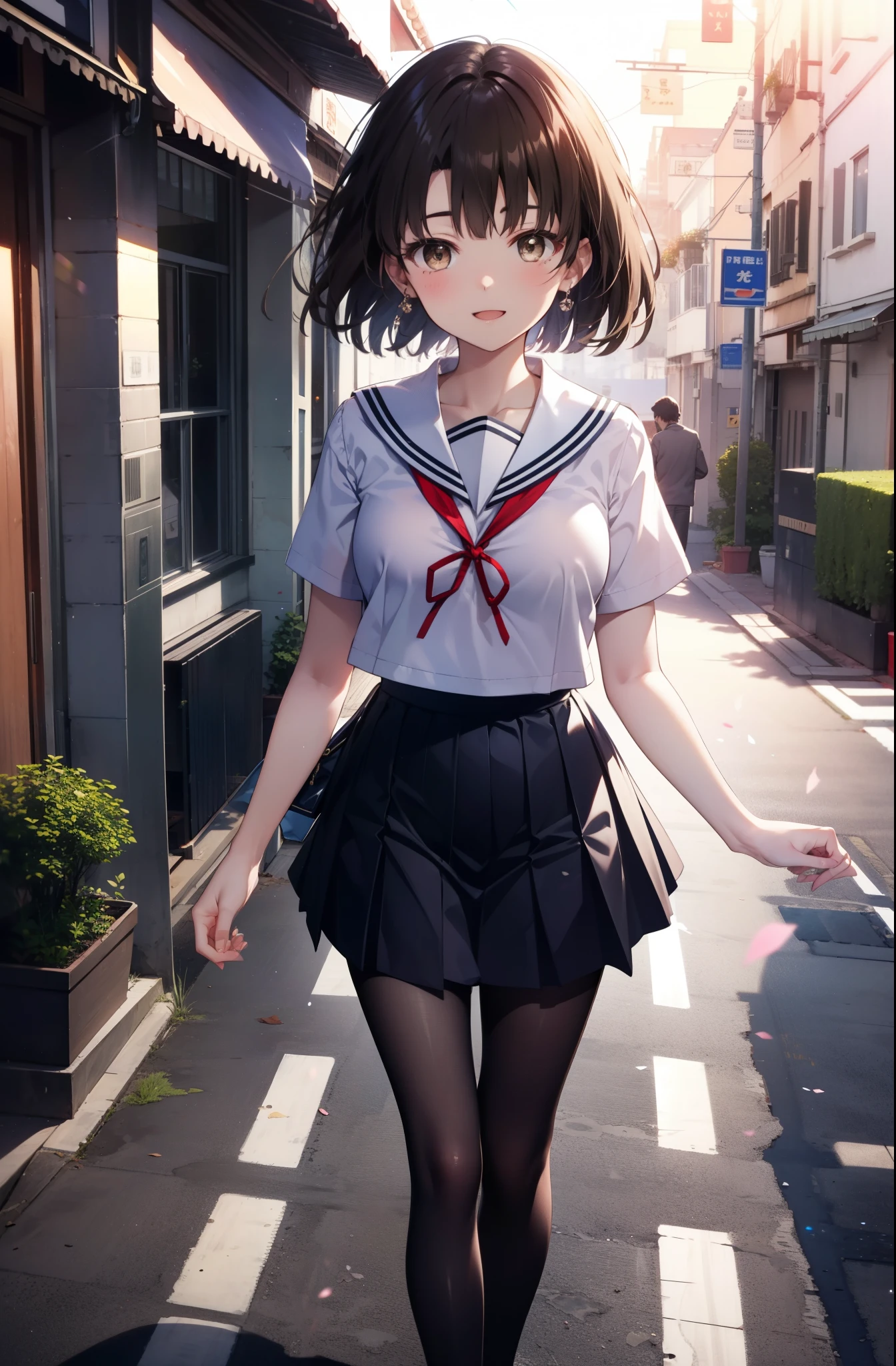 katoumegumi, megumi katou, Brown Hair, short hair, (Brown eyes:1.5),happy smile, smile, Open your mouth,Medium chest,Japanese schoolgirl(Black Sailor Suit),Short sleeve,Black pleated skirt,Gray pantyhose,Brown Loafers,walk,morning,morning陽,The sun is rising,whole bodyがイラストに入るように,walk,Looking down from above,
break outdoors, city,Area,
break looking at viewer, whole body,
break (masterpiece:1.2), highest quality, High resolution, unity 8k wallpaper, (shape:0.8), (Beautiful details:1.6), Highly detailed face, Perfect lighting, Highly detailed CG, (Perfect hands, Perfect Anatomy),